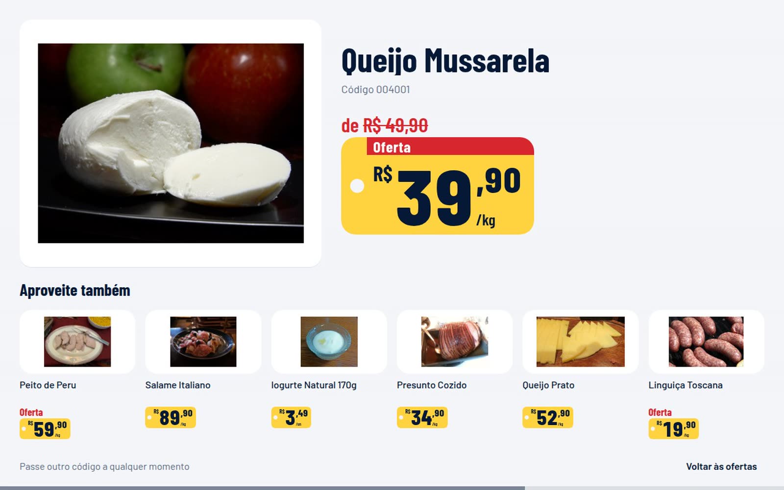 Terminal de consulta mostrando o queijo mussarela em oferta