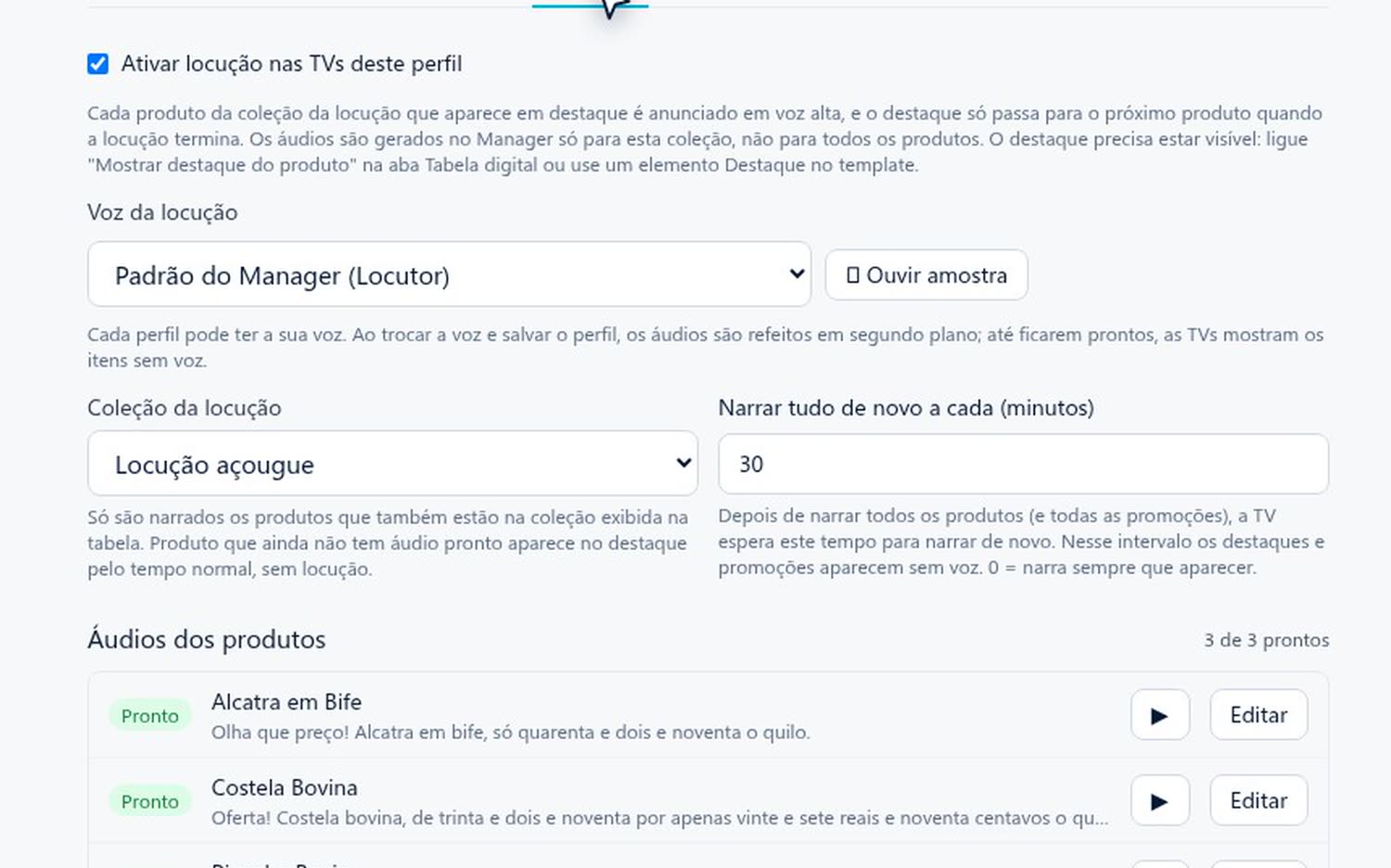 Tela do Manager com os áudios da locução de cada produto