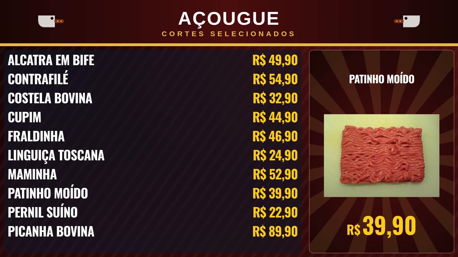 TV do açougue com a lista de cortes e a foto do produto em destaque