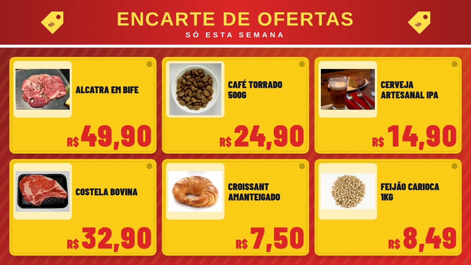 Encarte de ofertas com preços em etiquetas amarelas