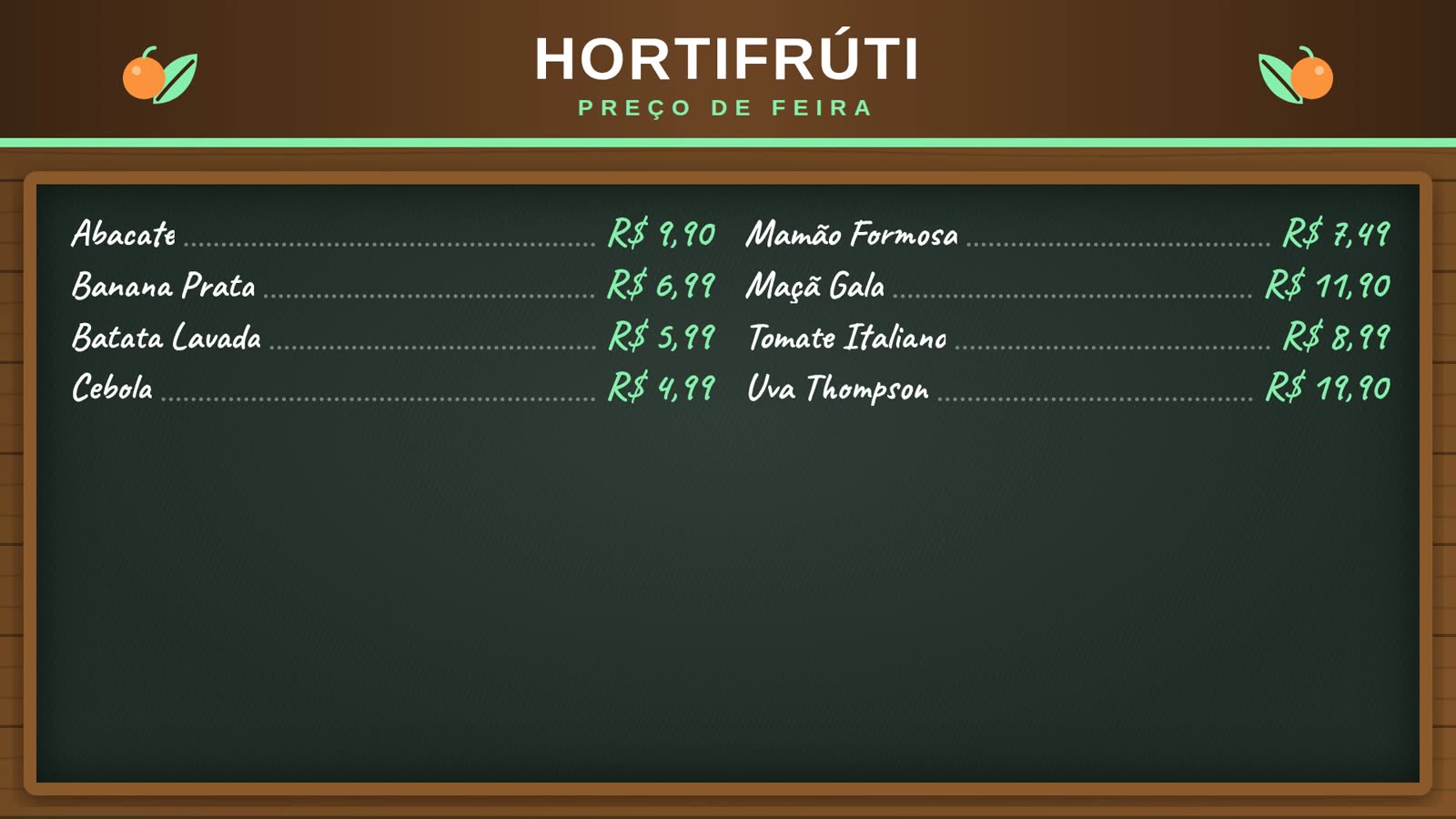 Tabela do hortifrúti em estilo lousa