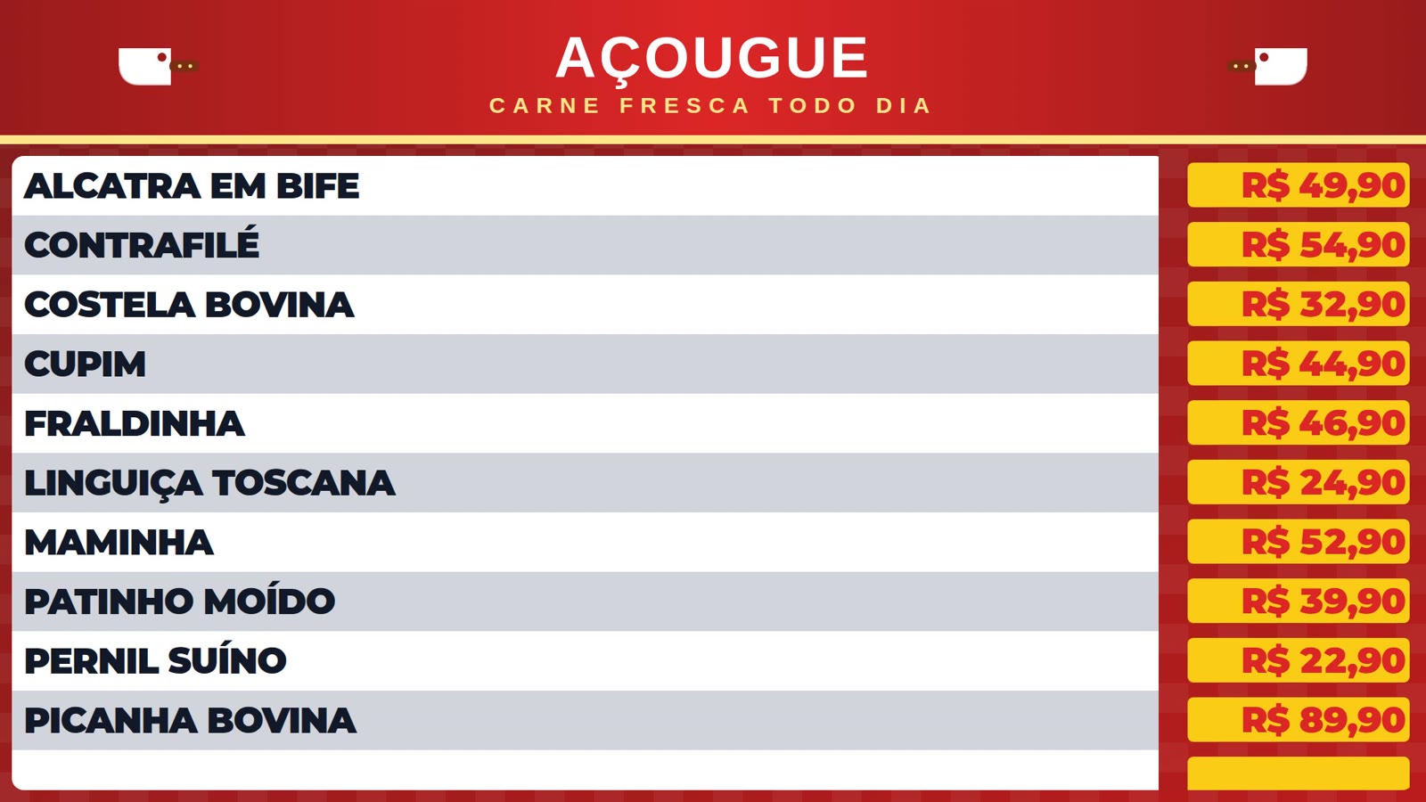 Tabela de preços do açougue numa TV na horizontal