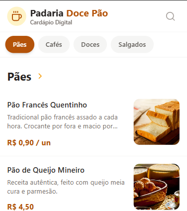 Cardápio Digital aberto na categoria Pães